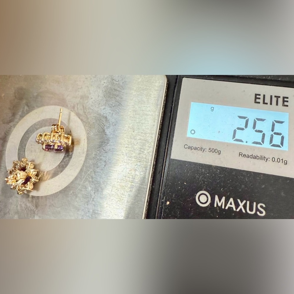 New 10K Solid Real Gold sunburst diamond cz purple gemstone earrings studs - Picture 6 of 7